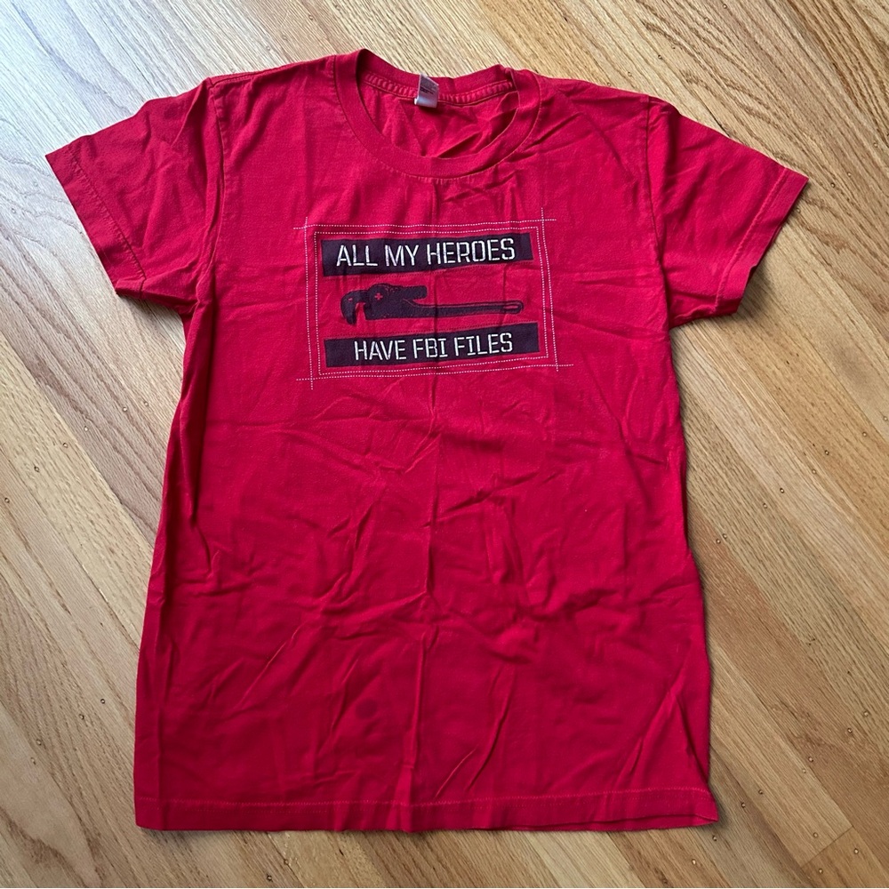 Vintage Red Short Sleeve Tee "All My Heroes Have FBI Files"